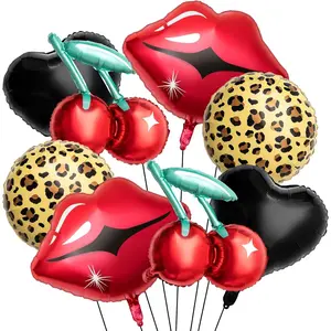 8 Pcs Black and Red Foil Balloons Kit, Cherry Print, Red Lips, Cheetah Pattern and Black Heart Balloons for Bachelorette Party Decor, Kiss The Miss Goodbye, Women's Birthday Shower