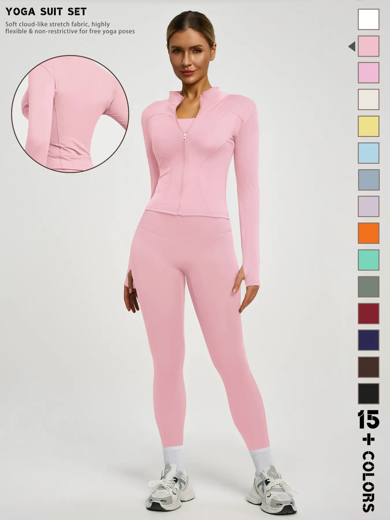 New Women's Solid Color High-End Casual Long Sleeve Quick-Dry Sports Set, Essential Yoga Jacket and Elastic Tight Yoga Pants High Stretch Form Fitting Polyester Blend Activewear