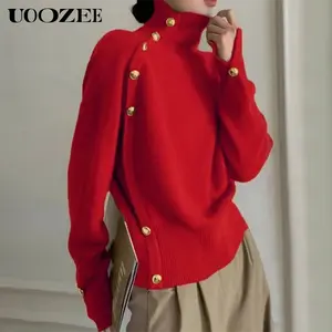 UOOZEE Women's Autumn Winter High Neck Red Sweater Long Sleeves Loose Buttoned Solid Color Elegant Casual Party Pullover Tops