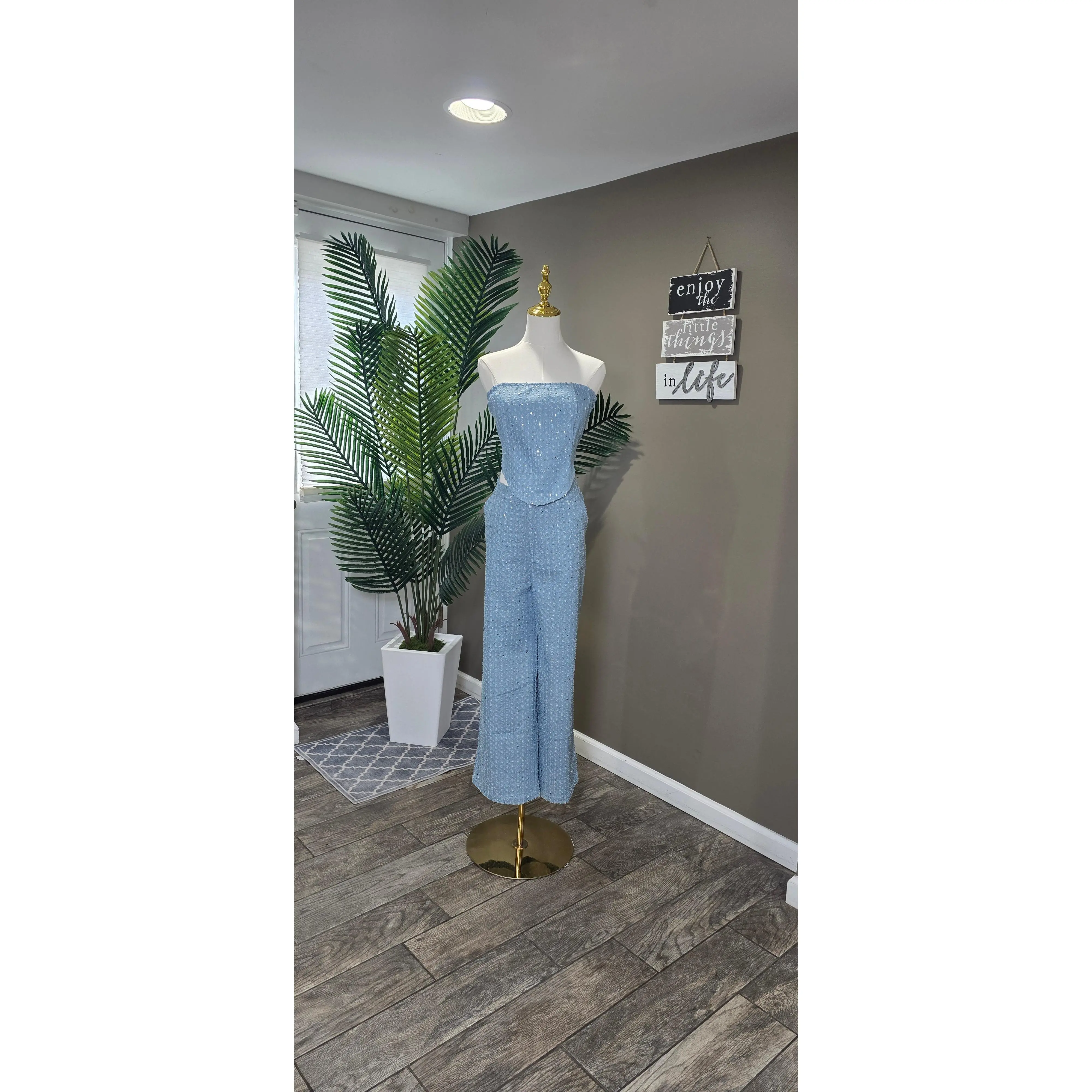 Demin Sequin Tube Top Wide Leg Pants Casual Set