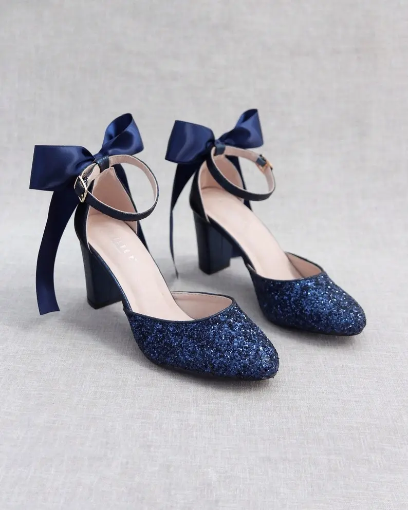 Navy Glitter Block Heel , Women Wedding Shoes, Bridesmaids Shoes, Bridal Shoes, Bride Pumps