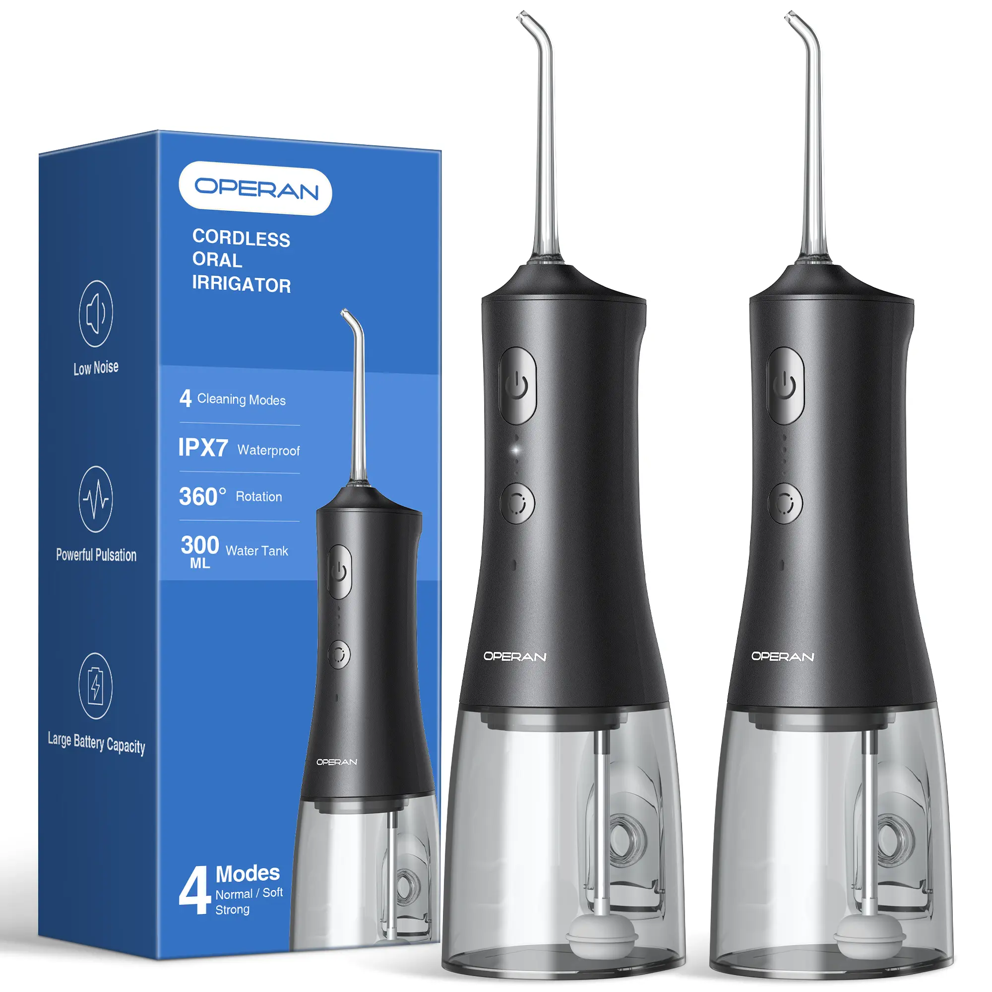 Operan Water Flossers - Upgraded 300ml Cordless Oral Irrigator with IPX7 Waterproof, 4 Modes, 4 Jet Tips, Two Black for Home Travel - Storage ,Mother's Day Gifts