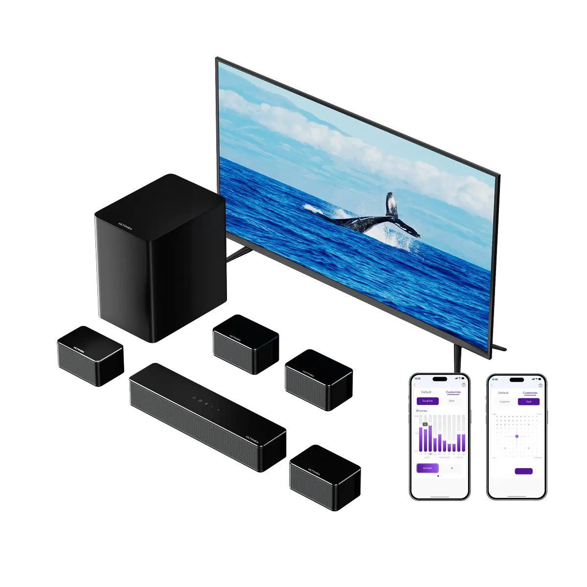 ULTIMEA 7.1ch Virtual Surround Sound Bar with 4 Wired Speakers.Features Bass Boost,  Bluetooth connectivity. Immersive home theater audio for smart TVs & mobile devices. Plug-and-play setup with HDMI .Sleek Wall-mountable design#SummerVibes