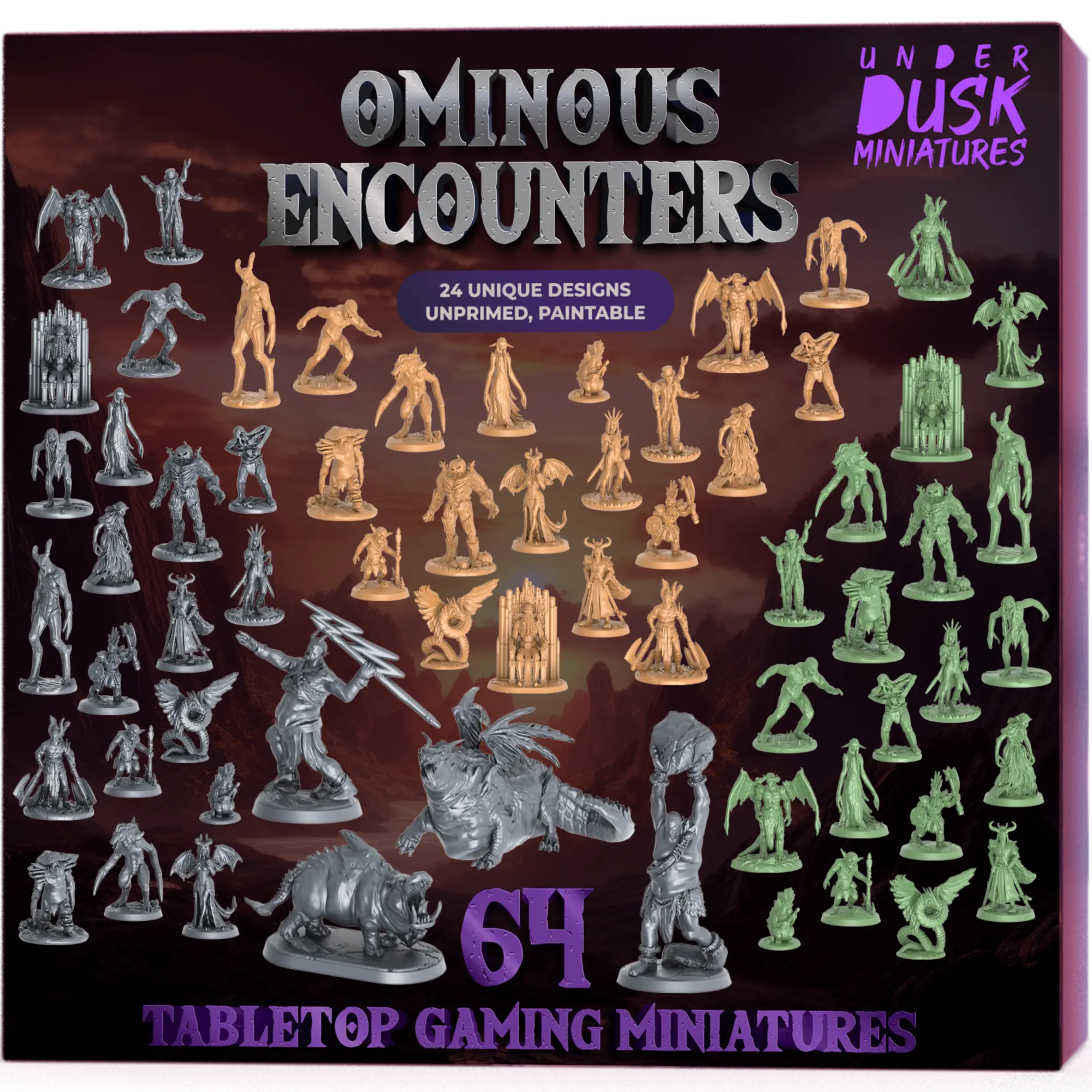 Underdusk Ominous Encounters - 64 DnD Minis | 4 Boss Figures | Stat Blocks Included I Tabletop Paintable Miniatures