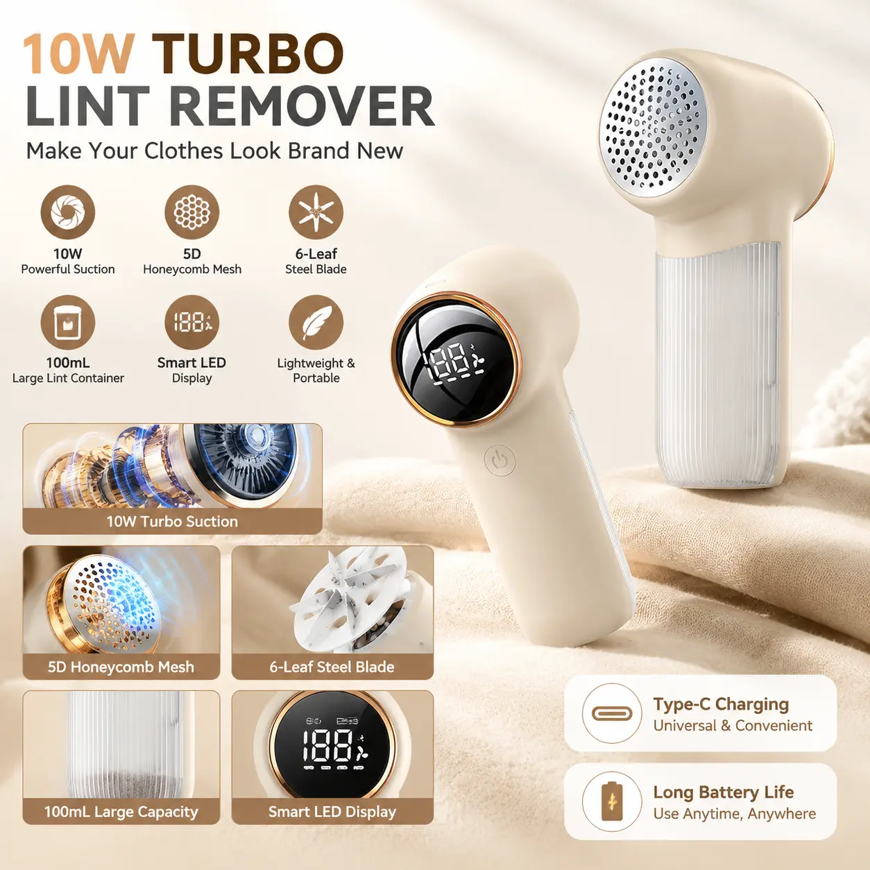 Fabric Shaver Electric Lint Remover Rechargeable Sweater Defuzzer with LED Digital Display 4 Speeds 6 Steel Blades 100mL Lint Collector Type-C Fast Charge Household Essentials for Clothes Furniture Sofa Upholstery