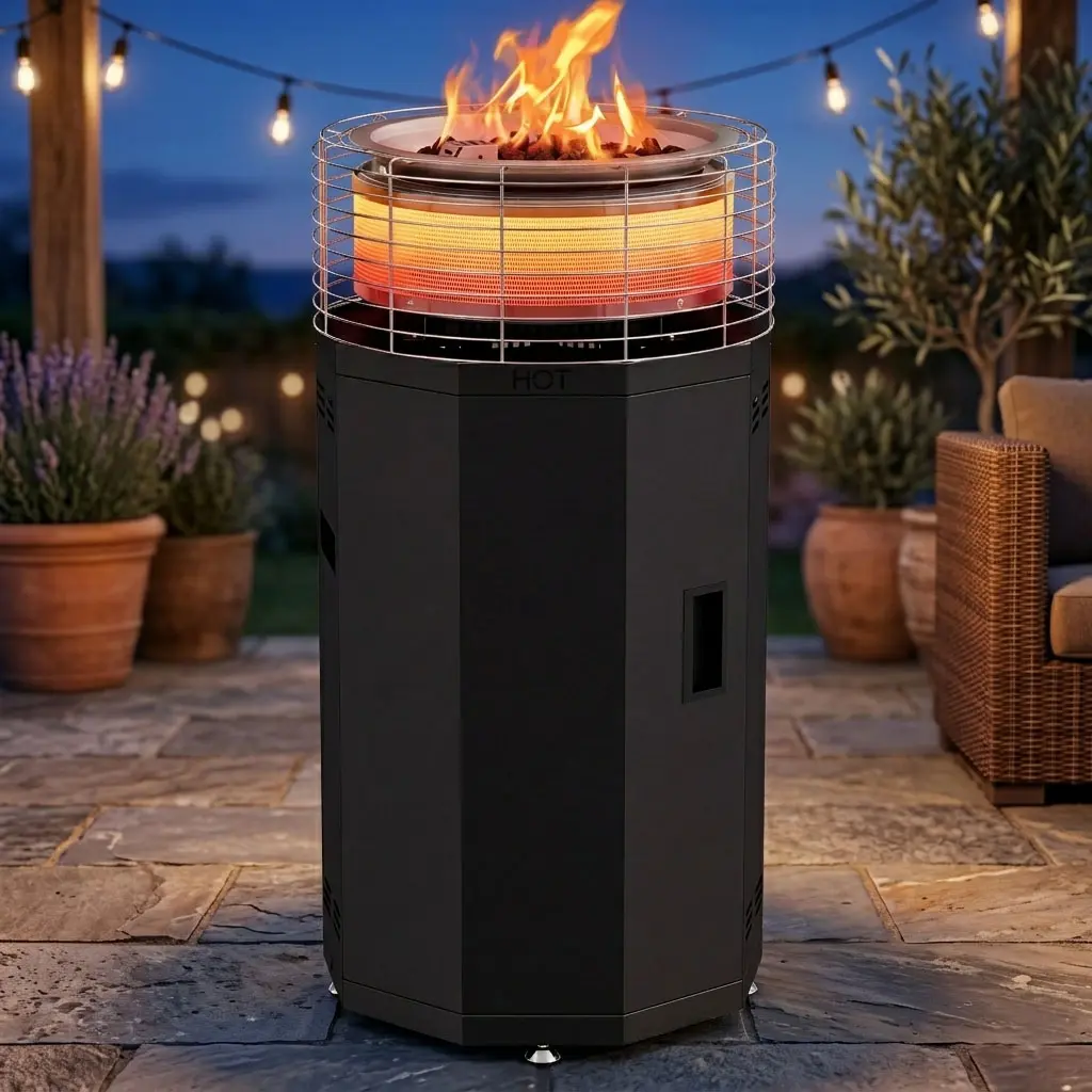Lilypelle 2-in-1 Outdoor Propane Heater & Fire Pit, 56000 BTU 100% Smokeless Stainless Steel Gas Heater with Camping Equipment Burner, Volcanic Stone, Metal Cover Lid, Adjustable Flame for Patio, Garden (for Friends, Family)