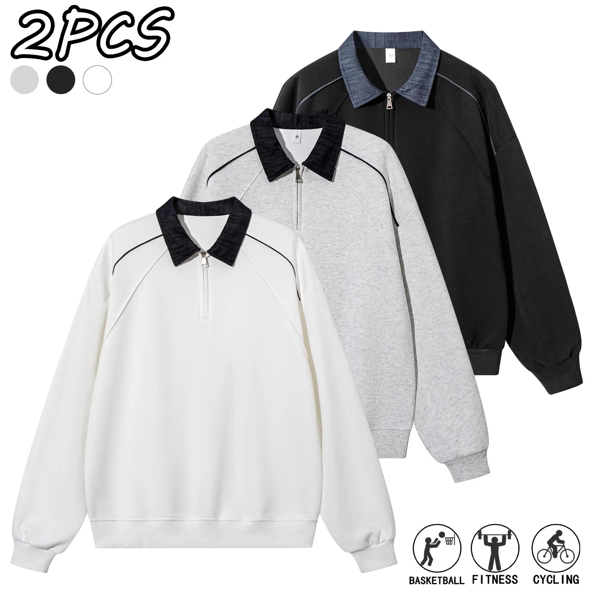 Men’s 1/2-Piece Plain Color Contrast Collar Half-Zip Casual Sport Sweatshirt, Loose Longsleeve Pullover, Comfortable Menswear Clothes Products for Everyday Wear, Fall Activities, Longsleeves, Sweatshirts winter
