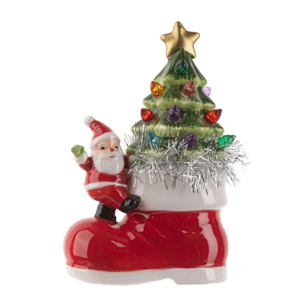 Magical Luminous Light-Up Ceramic Santa Figurine with Tree in Boot, Festive Home Decoration