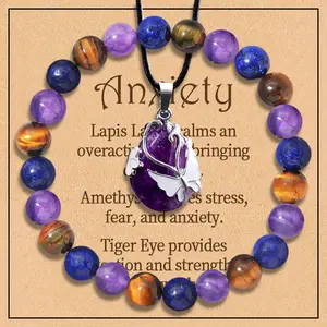 3PCS Feng Shui Jewellery Set,Amethyst Flower Necklace and Amethyst Yellow Tiger Natural Stone Bracelet,Spiritual Feng Shui Jewellery Set,Stress Relief,Christmas Gift