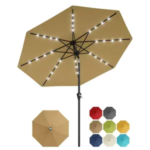 Garvee 10FT Solar Patio Umbrella with 32 LED Lights, Outdoor Table Parasol with Crank Lift & Push Button Tilt, 8 Sturdy Ribs, UV Protection, Waterproof Shade for Patio, Pool, Deck, Yard & Garden