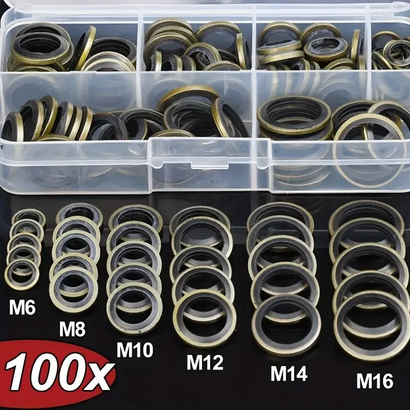 100pcs Car Oil Pan Gasket Kit, Drain Plug Washer Set, Replaceable Rubber Seals, M6 M8 M10 M12 M14 M16 Sizes, Automotive Maintenance Essentials
