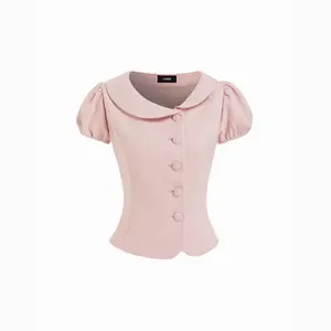Cider Puff Sleeve Peter Pan Collar Button Front Blouse