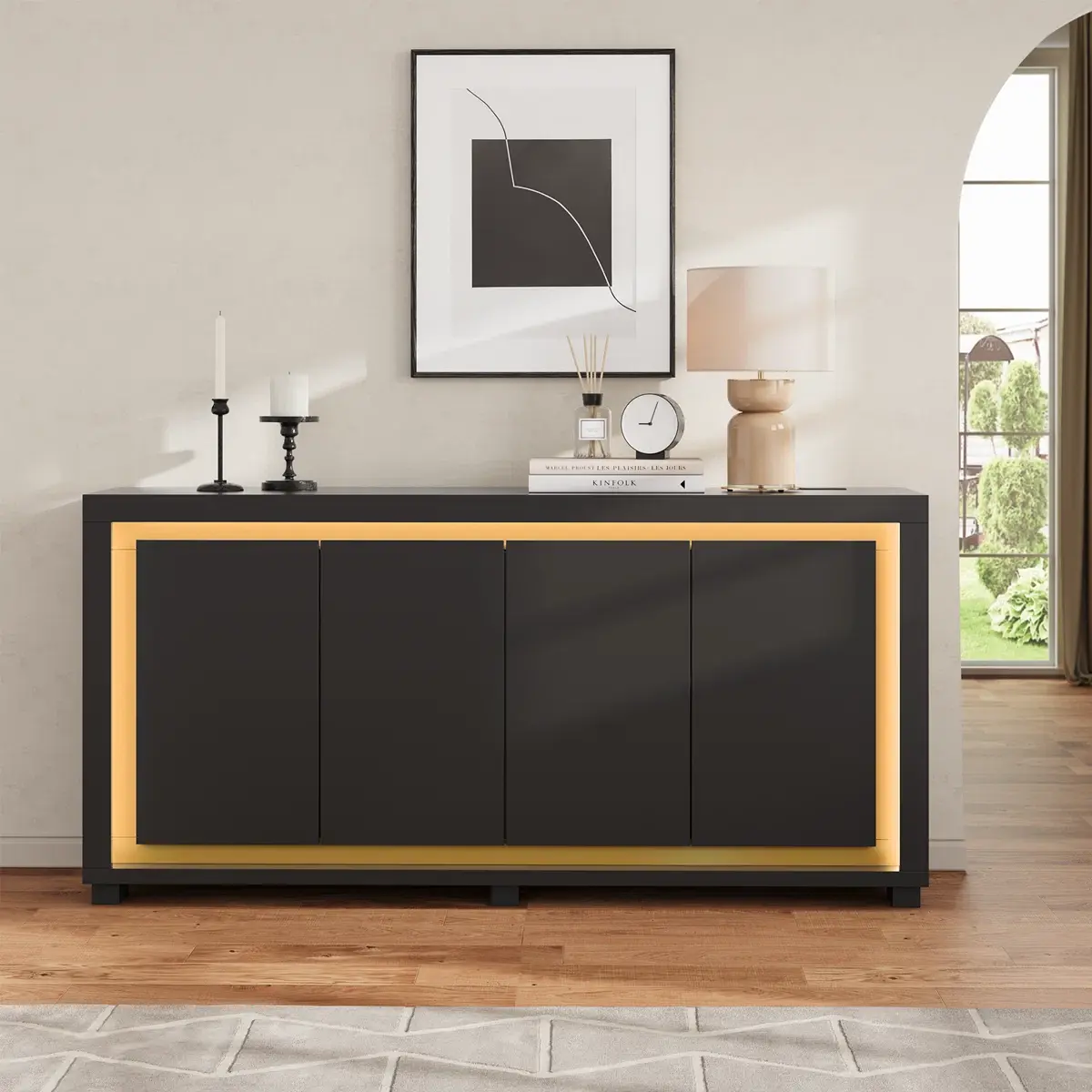 【DealsforYouDays】ONBRILL 63"Sideboard Buffet Cabinet,Kitchen Buffet Storage Cabinet with Power Outlets & LED Light, Modern Storage Cabinet with 4 Doors,Coffee Bar Console Wine Bar for Living Room,Kitchen,Hallway