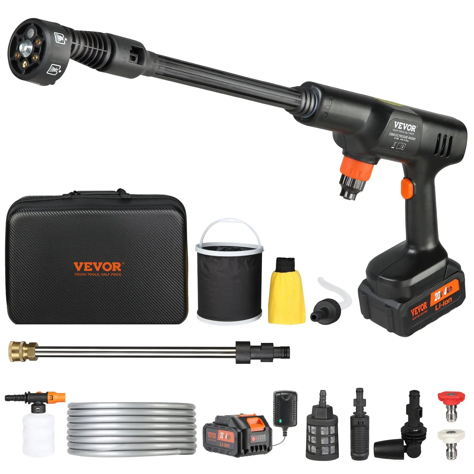 【Summerfinds】VEVOR Cordless Portable Pressure Washer - 652-PSI 1.0 GPM Brushless Motor Handheld Power Cleaner with 4.0Ah Long Run Battery, Fast Charger, 6-in-1 Nozzle, Adjustable Speed, Handheld Grip, Cars, Multiple Surfaces Accessories Set, Power Washer