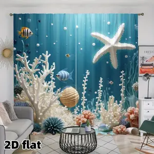 2D Flat 2Pcs Ocean Underwater Theme Curtains, Coral Reef Starfish Design, Rod Pocket Style, Semi Sheer Polyester Fiber, Suitable for Living Room Bedroom Bathroom Kitchen, Tropical Sea Life Decor, Blue Aquarium Printing Window Drapes