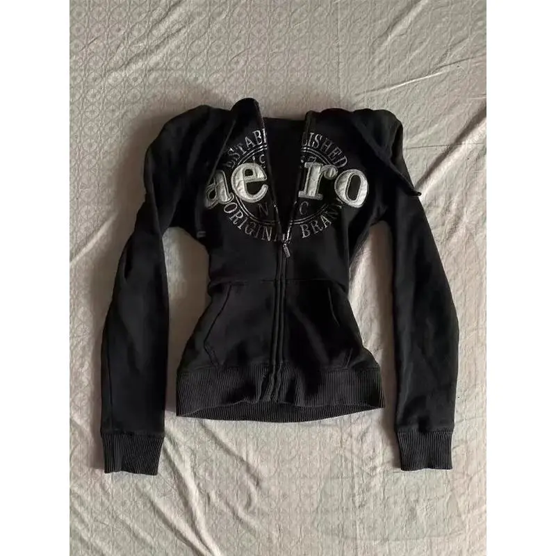 American retro jacket vintage design black hoodies women casual jacket women autumn  tops new grunge versatile sweatshirts