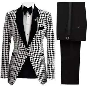 Men's Houndstooth Shawl Collar Single-Breasted 2-Piece Tuxedo  Blazer & Pants  Elegant Gentleman's Formal Suit Set for Weddings & Banquets