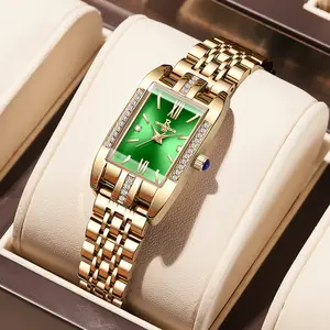 Women's Luxury Gold Rectangle Quartz Watch - Green Dial with Crystal Diamond Accents, Roman Numerals, Stainless Steel Band, Elegant Dress Wristwatch, Perfect Gift for Her