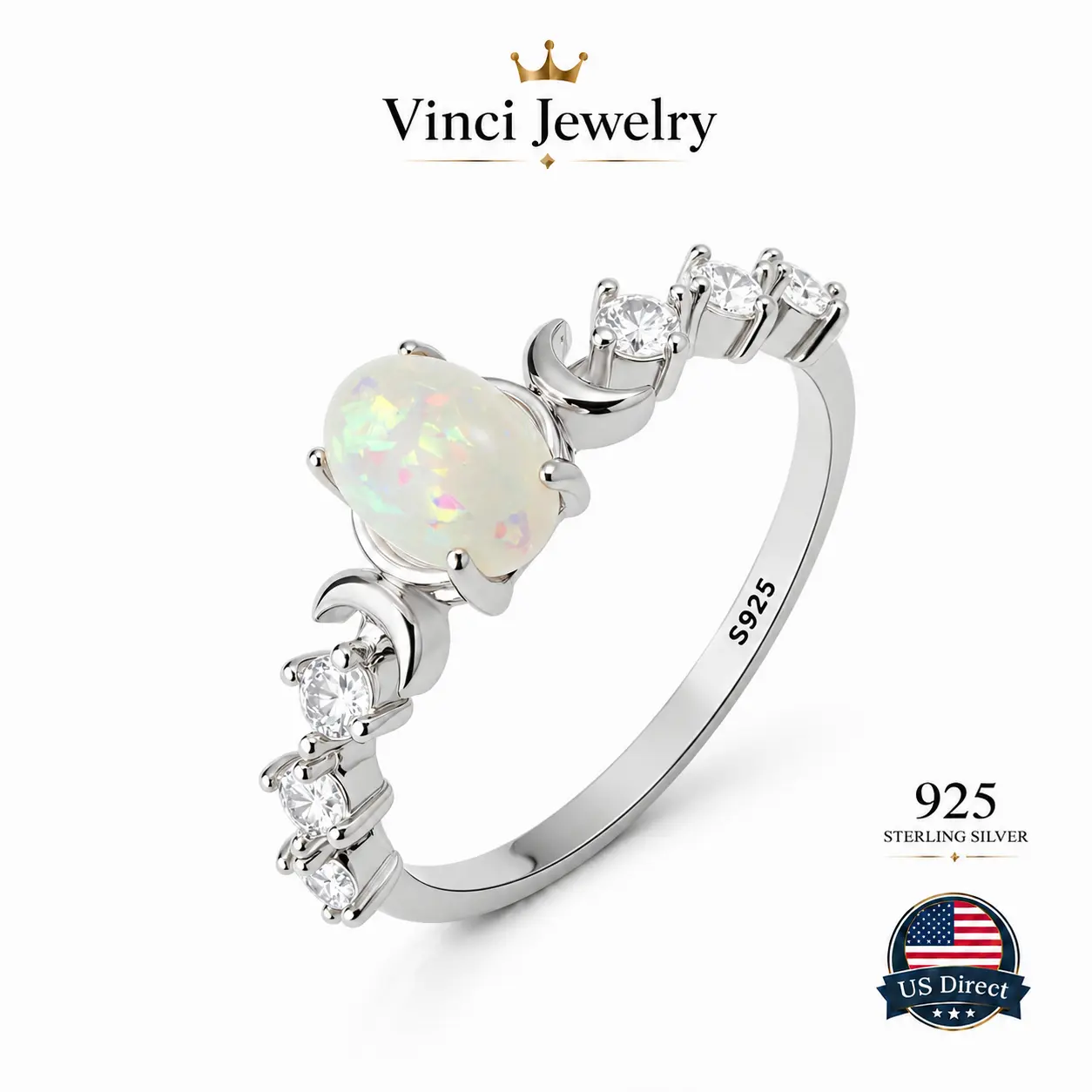 Vinci S925 Hecate Ring For Women Girls Sterling Silver Synthetic Opal Ring,Vintage Triple Goddess Hekate Moon Design Witchy Pagan Jewelry for Devotion Faith High Quality Cubic Zirconia Silver Ring for Daily Wearing Mother's day Gift