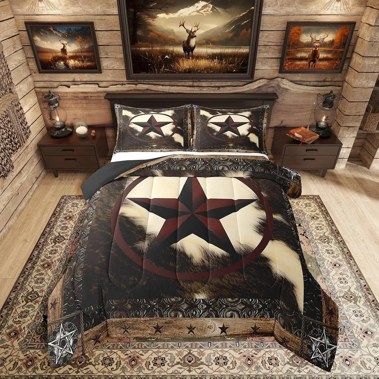 Feelyou Queen Comforter Set - Decorative Microfiber Unique Bedding Set with Retro Cowhide, Geometric Western Texas Stars, Cow Print Duvets, Lightweight Duvet Insert for Teens, Bedroom Gift, Decorative Bedding Set