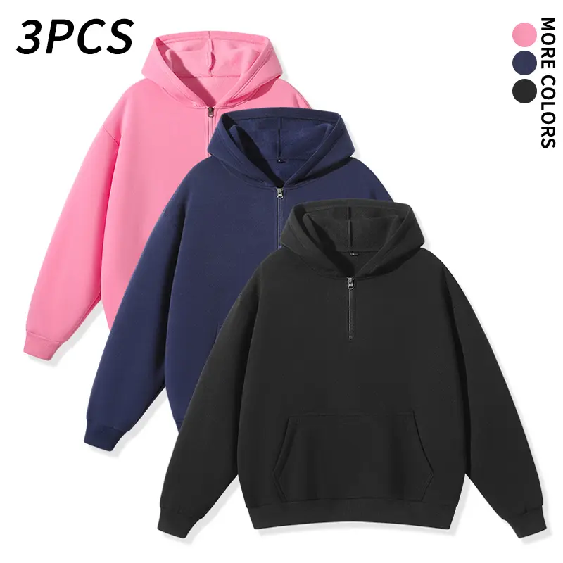 3 pcs men’s loose fit half zip hoodies with drop shoulders, long sleeves, a quarter zip front, and a kangaroo pocket—perfect for pairing with jeans, casual pants, and sweatpants.Suitable for autumn/winter streetwear and casual wear at home.