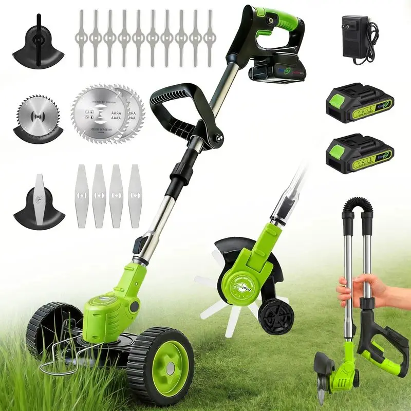 iToolMax 3-in-1 Cordless Grass Trimmer & Edger with Wheels, Adjustable Height, 2 Batteries & Charger