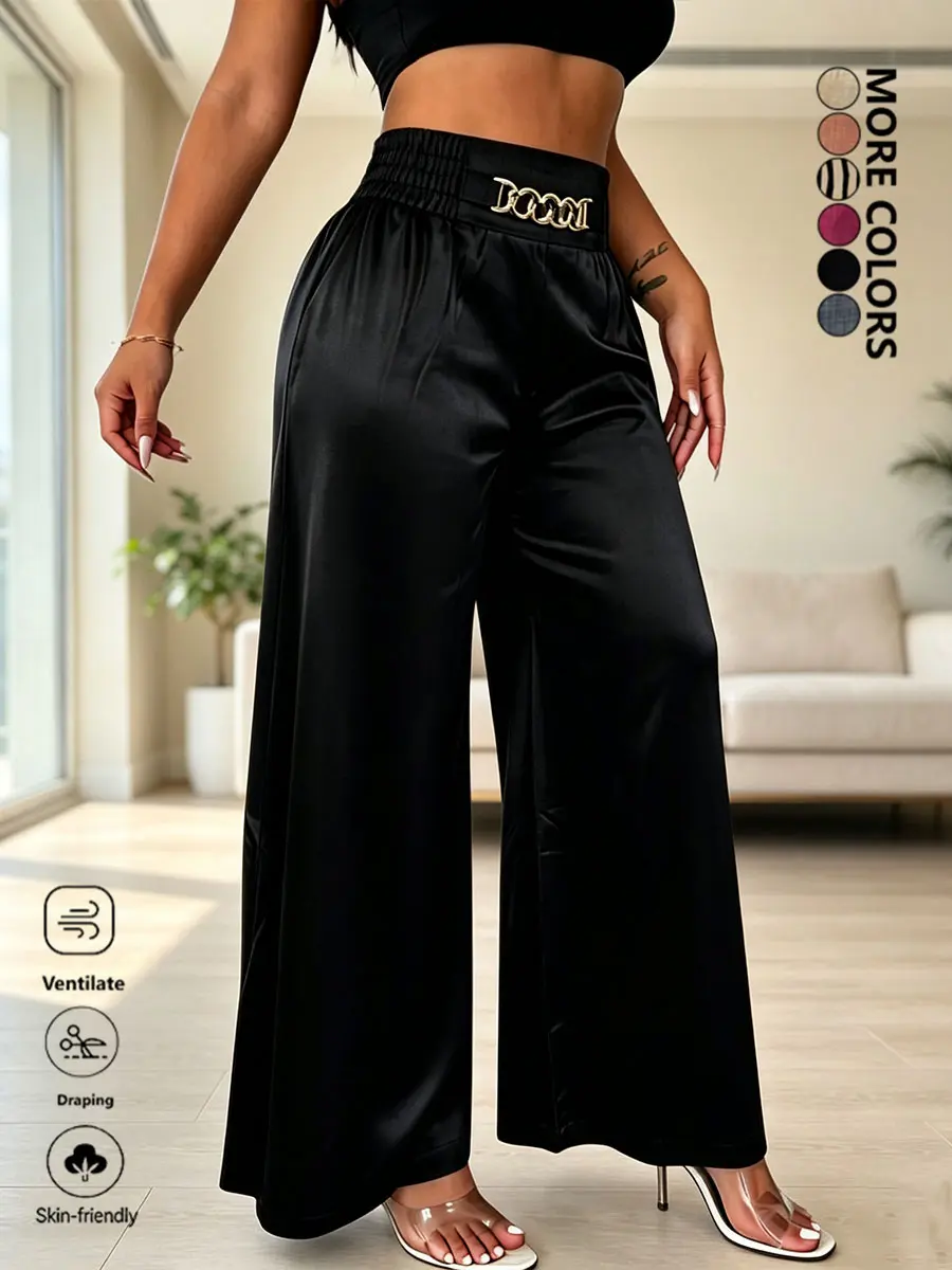 Women’s fashion casual comfortable breathable drapes well high-waisted loose wide-leg pants, solid color elegant straight floor-length pants that slim the figure, loose solid color casual pants