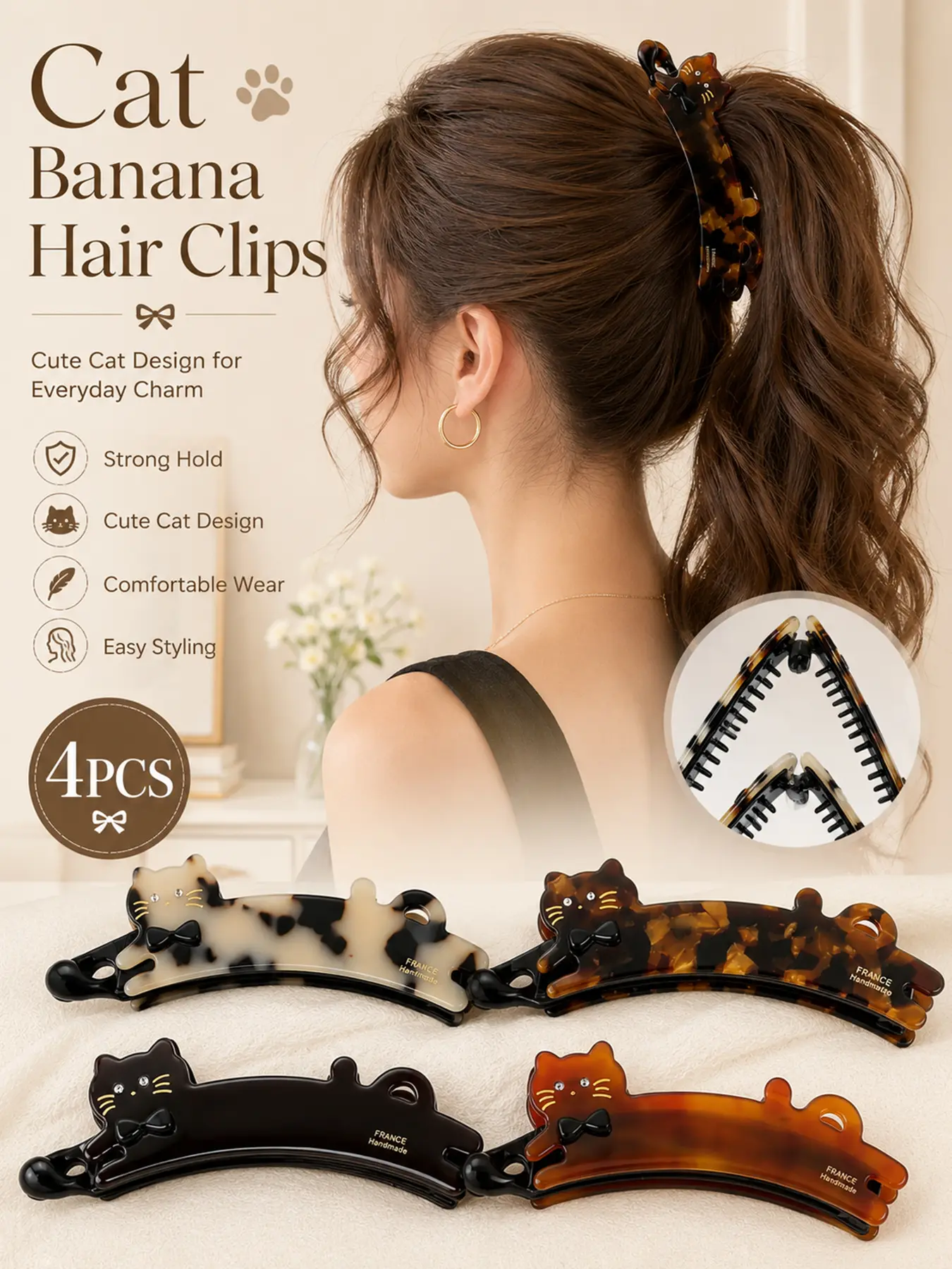 4PCS Banana Hair Clips for Women Cat Bow Style, Cute Hair Clips, Large Vertical Ponytail Holder Claw Clips, Non-Slip Hair Clip, Durable Updo Barrettes for Thin Thick Hair, Strong Hold Hair Accessories for Styling, Daily Wear and Gifts