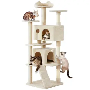 Alden Design 70" H Double Condo Cat Tree with Scratching Post Tower, Cream