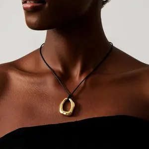 Eloria Jewelry B Statement Necklace for Women Chunky Gold Pendant Necklace Long Pebble Charm Leather Adjustable Black Cord Vintage Boho Western Bean Birthday Christmas Jewelry Gifts
