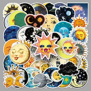 50PCS Sun Moon Stickers Pack - Aesthetic Vintage Celestial Vinyl Decals for Laptop, Water Bottle, Scrapbook, Luggage, Phone, Notebook - Astrology, Cosmic, Mystic Sticker for Teens & Adults