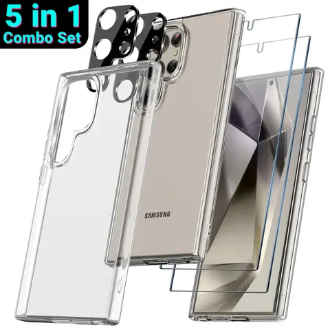 [5 in 1 Combo Set] For Samsung Galaxy S25 S24 Ultra/ S25 S24 Plus/ S24 with 2 Tempered Glass Screen Protectors + 2 Camera Lens Protectors, [Not Yellowing] [Drop Protection] Anti-Scratch Hard PC Back Protective Cover