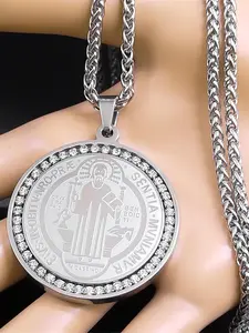 Hop Hop Saint Benedict Medal Charm Necklace for Women Men Rhinestone Stainless Steel San Benito Cspb Cross Chain Biker