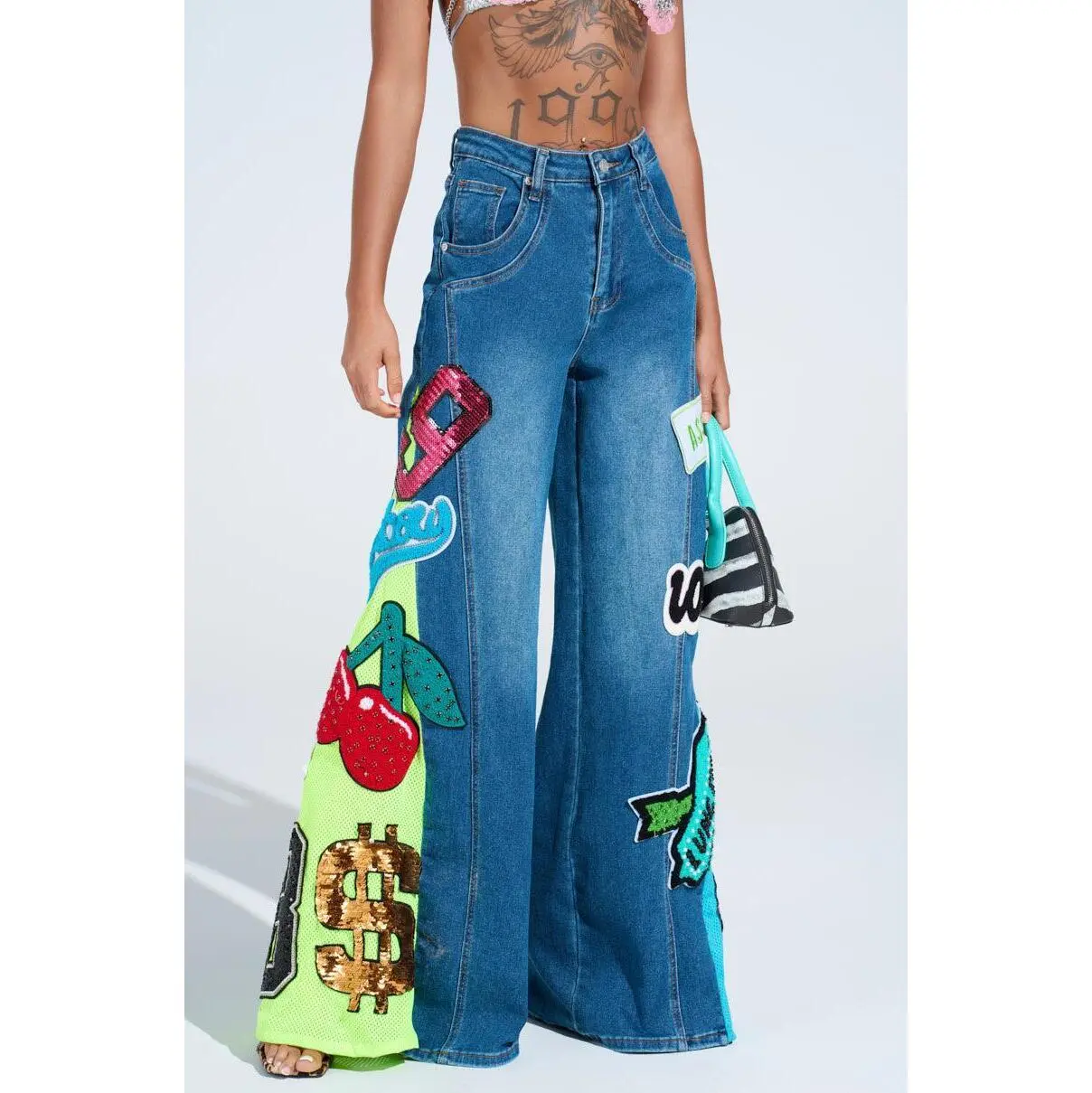 NOT SORRY PATCHWORK MEDIUM BLUE DENIM JEANS