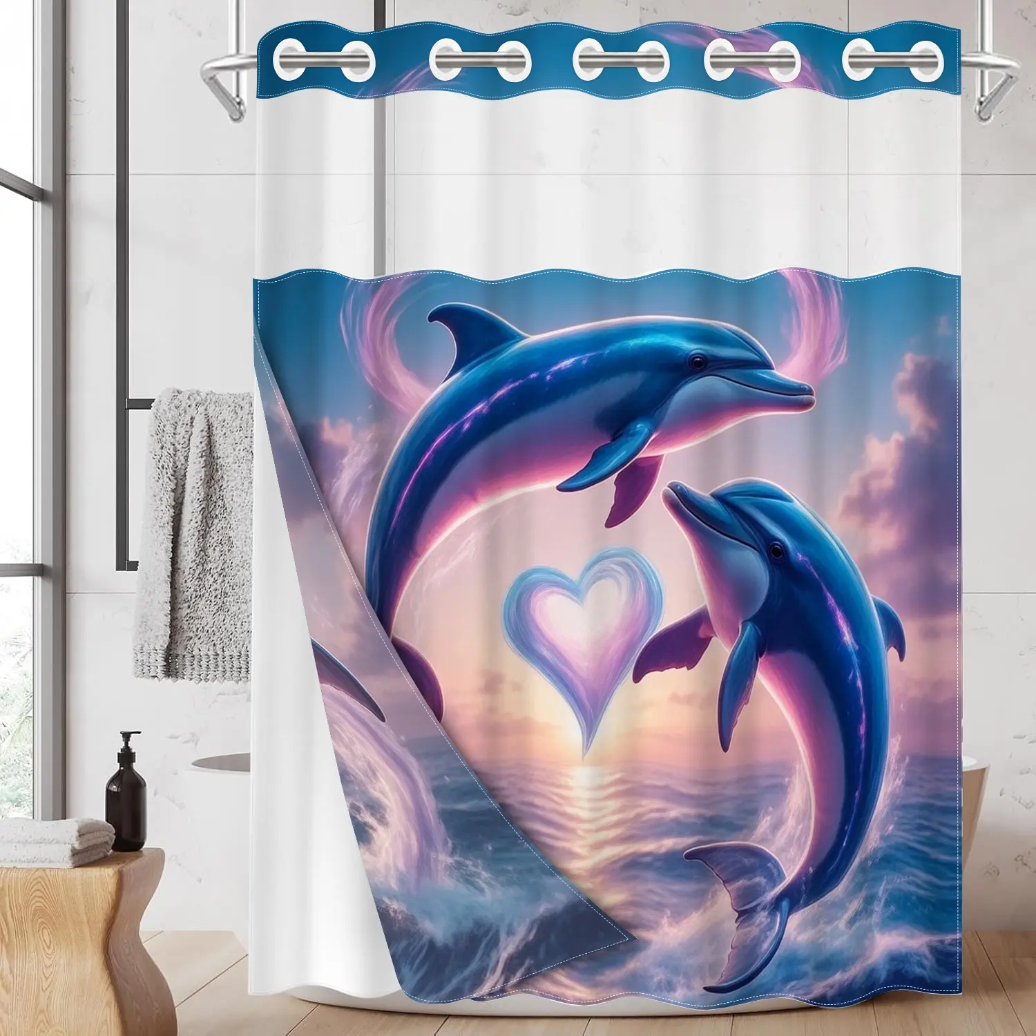1pc 2D Flat Printing hookless shower curtain hanger liner Illustration of Dolphins with Heart Fabric waterproof lining with transparent window, double-layer, 71 x 74 inches, Ocean shower curtain, modern home decoration