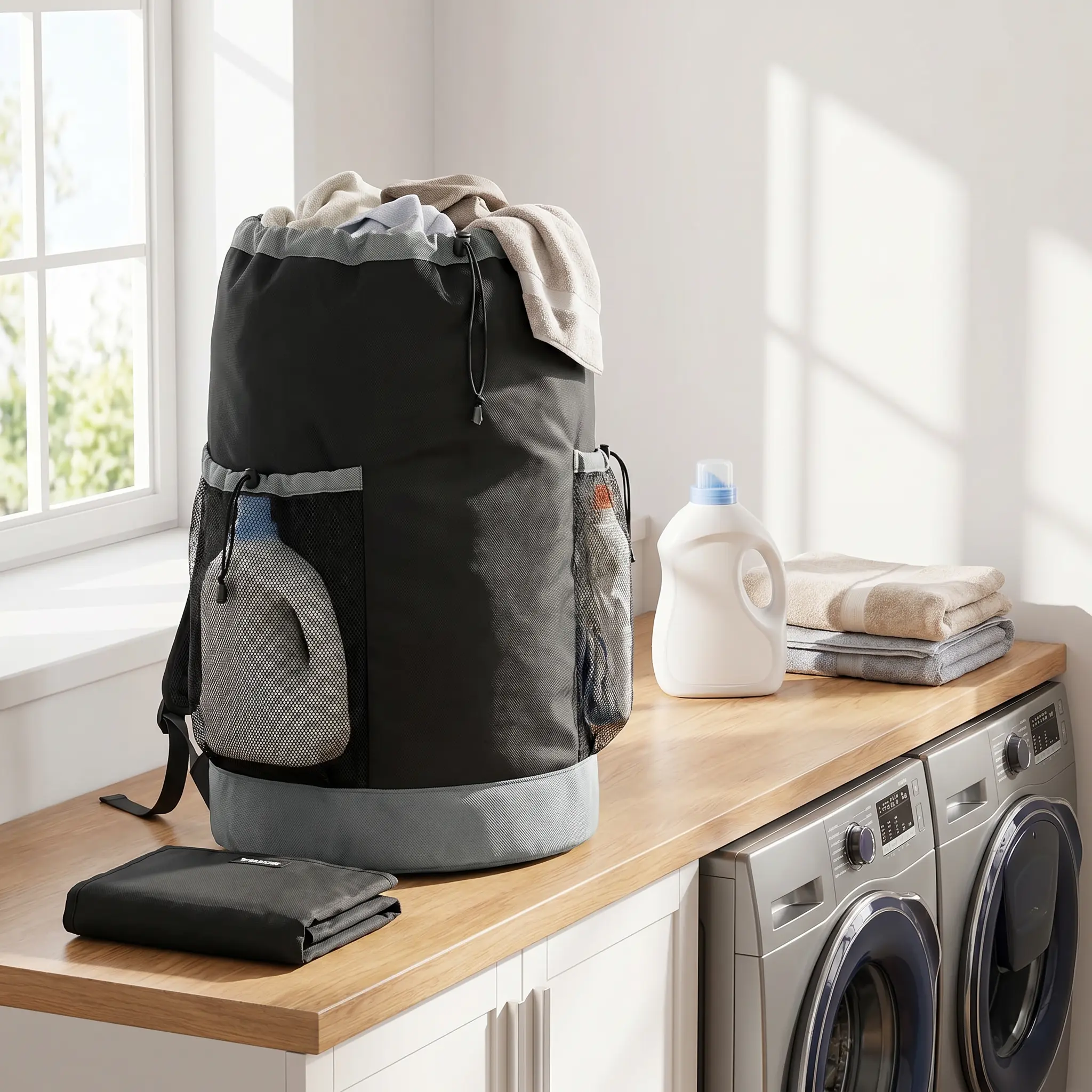 900D Oxford Portable Washable Drawstring Laundry Basket Backpack, 120L/150L Heavy-Duty Waterproof Clothes Carrier with Adjustable Shoulder Straps, 2 Mesh Pockets, 32"h x 16"l Storage Features, Laundry Room Accessories for College Dorms