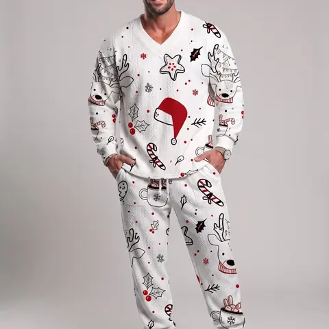 KZZ Top Men's 2-Piece Regular Fit Suit - Solid-Color Jacquard V-Neck Long-Sleeve Pullover with Pockets, Drawstring Waist Trouser, Spring Casual-Formal Outfit, Christmas Gift