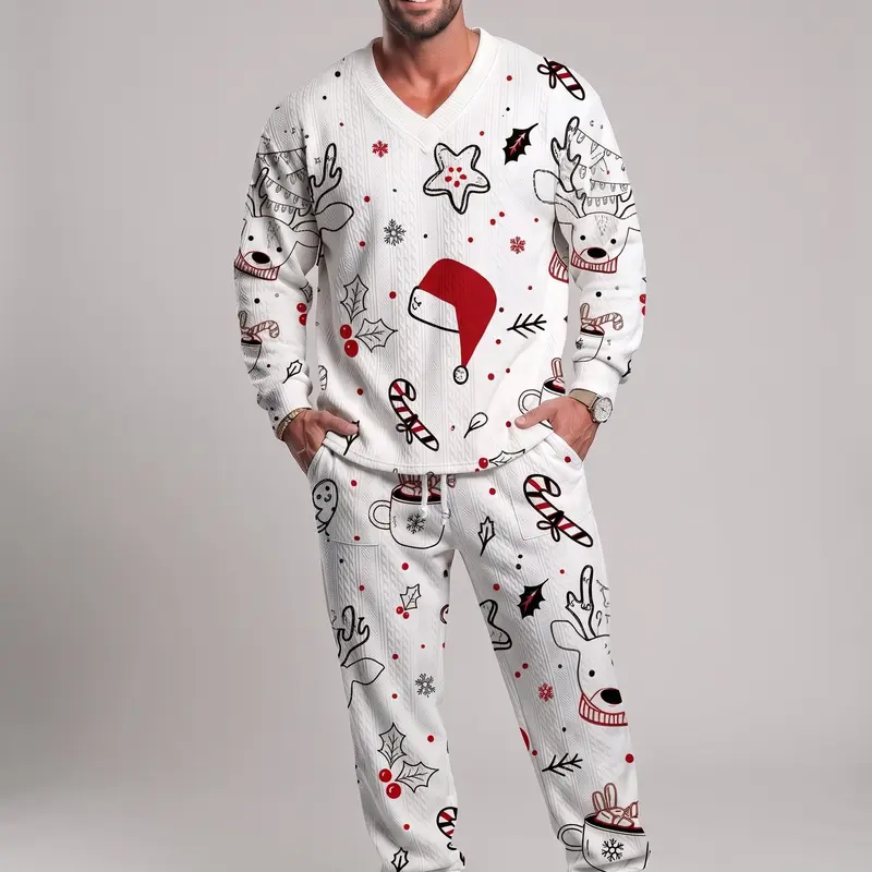 KZZ Top Men's 2-Piece Regular Fit Suit - Solid-Color Jacquard V-Neck Long-Sleeve Pullover with Pockets, Drawstring Waist Trouser, Spring Casual-Formal Outfit, Christmas Gift