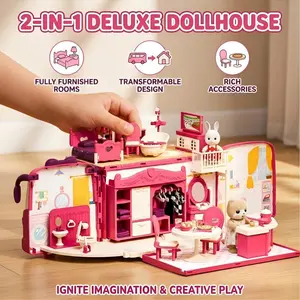 Luxury Transformable Homestay Bus Dollhouse, Expandable 2-Level Miniature House with Bedroom, Bathroom & Dining Sets for Kids