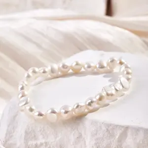 White Freshwater Pearl Stretch Bracelet for Women - Cultured Pearl Bracelet with Genuine Cultured Pearls, 7.0-7.5mm Pearl Gifts Beautiful box