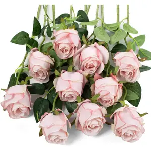 6pcs Artificial Rose Flowers Long Stem Fake Silk Roses Faux Silk Flowers for DIY Wedding Bouquet Table Centerpiece Home Decor (Light Pink)