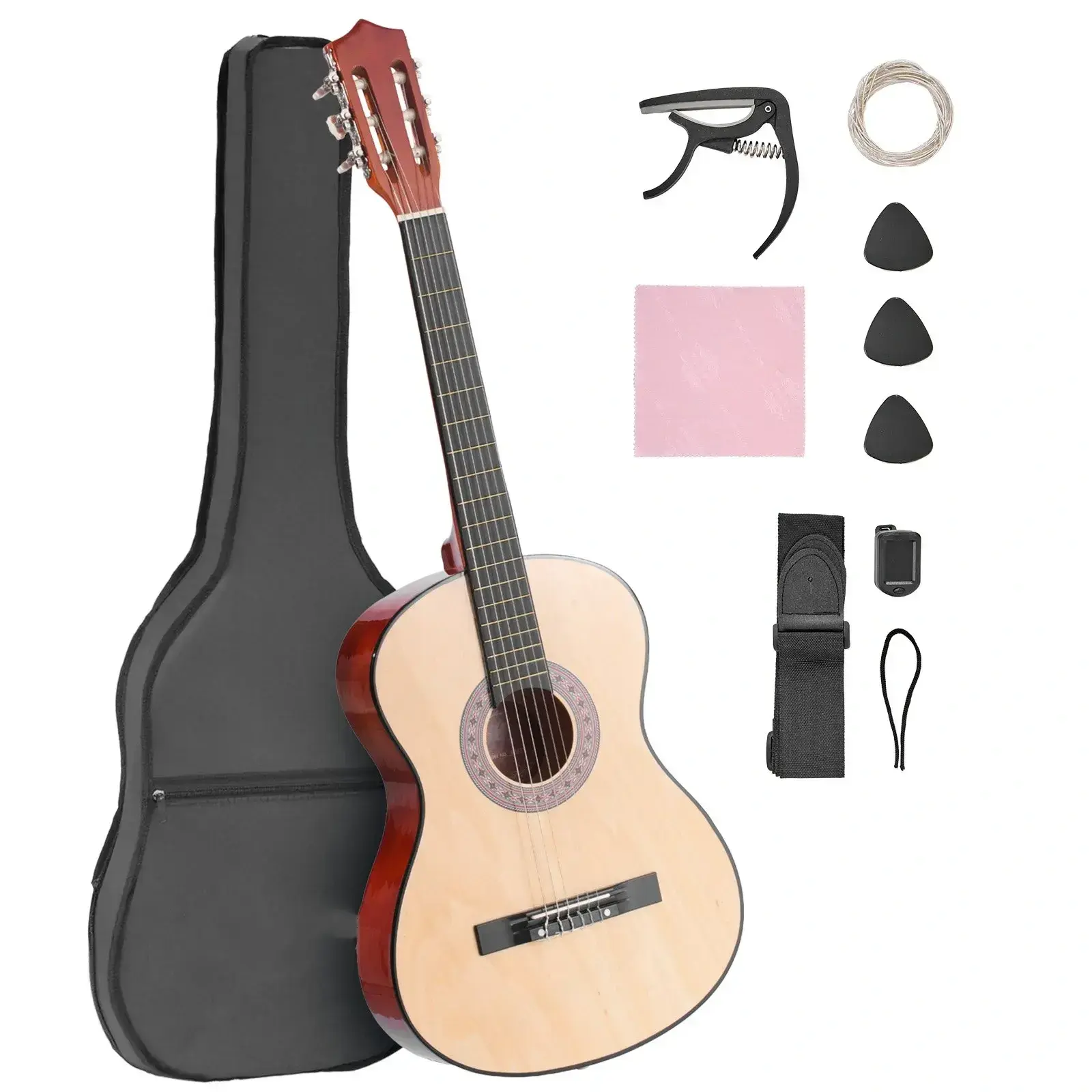 38-Inch Basswood Classical Guitar Starter Kit for Beginners - Nylon Strings, Gig Bag, Strap, Tuner, Extra Strings, Pick, Capo, Natural Finish
