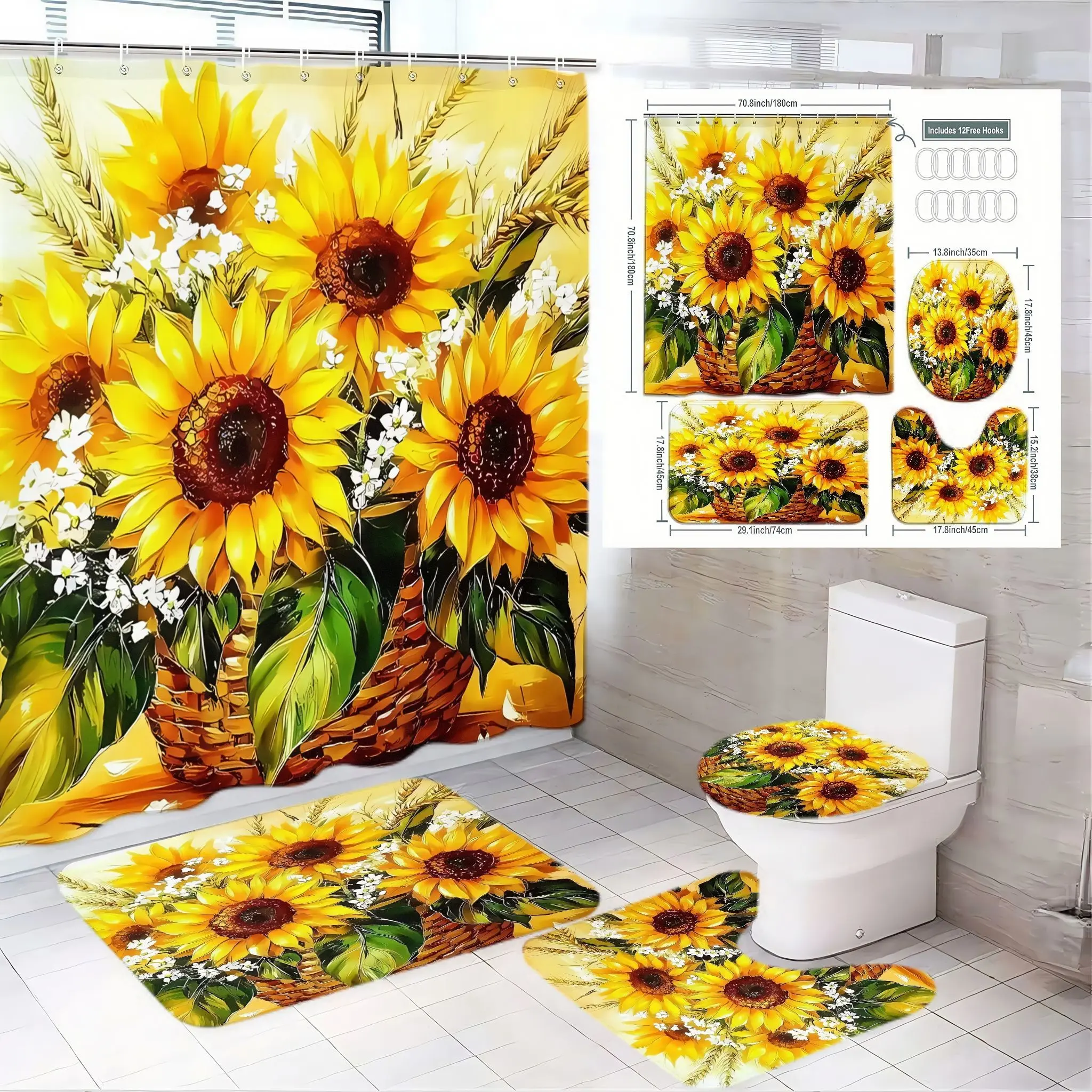 4pcs Sunflower Delight Bathroom Decor Set, Vibrant Shower Curtain, Floral Design,The floor mat fabric is thicker and softer!  Matching Accessories, Natural Inspired Style, Bathroom Decoration Accessories