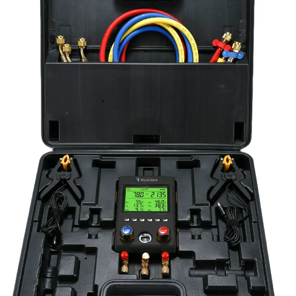 Wyxelware A2L Compatible Digital HVACR Manifold Gage Set with 2 Wired Temperature Clamps 3 Hoses for R32 R454B R410a Refrigerant Charge Kit Sturdy Case