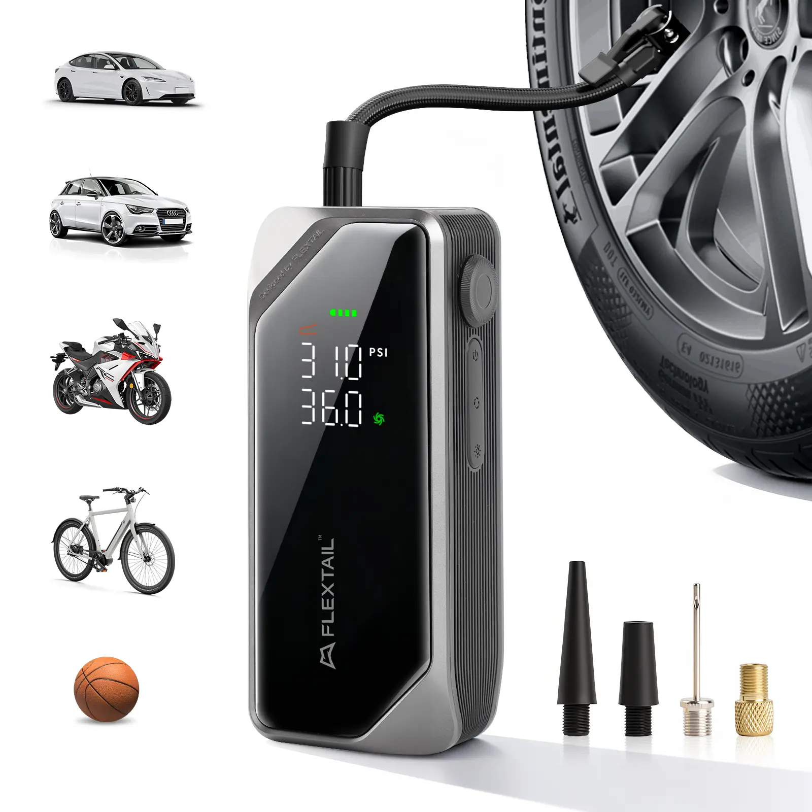 FLEXTAIL 150PSI Tire Inflator Portable Air Compressor, Knob Pressure Control, with 2.5D Curved Screen, Fast Air Compressor for Car, Bike & Inflatables — Rechargeable Air Pump with LED Display & Auto Stop