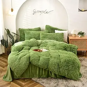 Shaggy  Duvet Cover Set  Size Super Soft Faux  Bedding Set 3 count (1Duvet Cover + 2Pillowcases) Luxurious Plush Comforter Cover Set with Zipper Closure Avocado Green