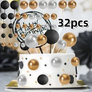 32pcs Elegant Spherical Cake Topper Decorations - for Wedding, Birthday, Shower, Gender Reveal Cakes - Disposable Cupcake Toppers for Layered Desserts, Fruits, Easy to Assemble, Cake Decorations Accessories