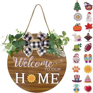 Round Wood Wreaths with 18 Seasonal Icons for Front Door Wooden Decor Ornaments Decoration