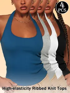 Women's 4-Pack "Deep U-Back" Tank Tops — Slim-Fit, Solid Color, Versatile Base Layer (Inner or Outer Wear) — Ribbed & Spaghetti Strap Styles — Stylish, Durable, and Versatile for Spring/Summer