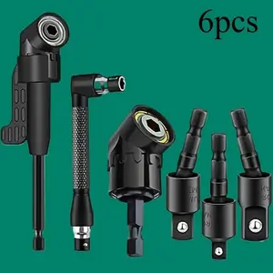 Right-Angle Drill Bit Accessory Set(6pcs), Including 3x 360° Rotatable 1/4", 3/8" & 1/2" Impact Grade Socket Adapters, 2x 105° Hex Shank Angle Adapters % 90° Bevel Drill Bit, Heavy-Duty Tool Kit